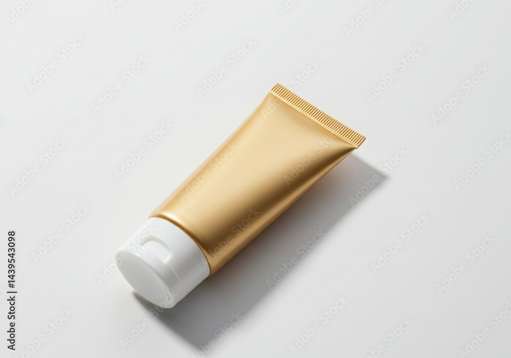 Golden tube of cream on white background for cosmetic product mockup Golden tube of cream on white background for cosmetic product mockup