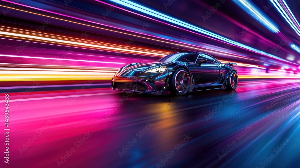 Futuristic sports car in motion through vibrant night tunnel Futuristic sports car in motion through vibrant night tunnel