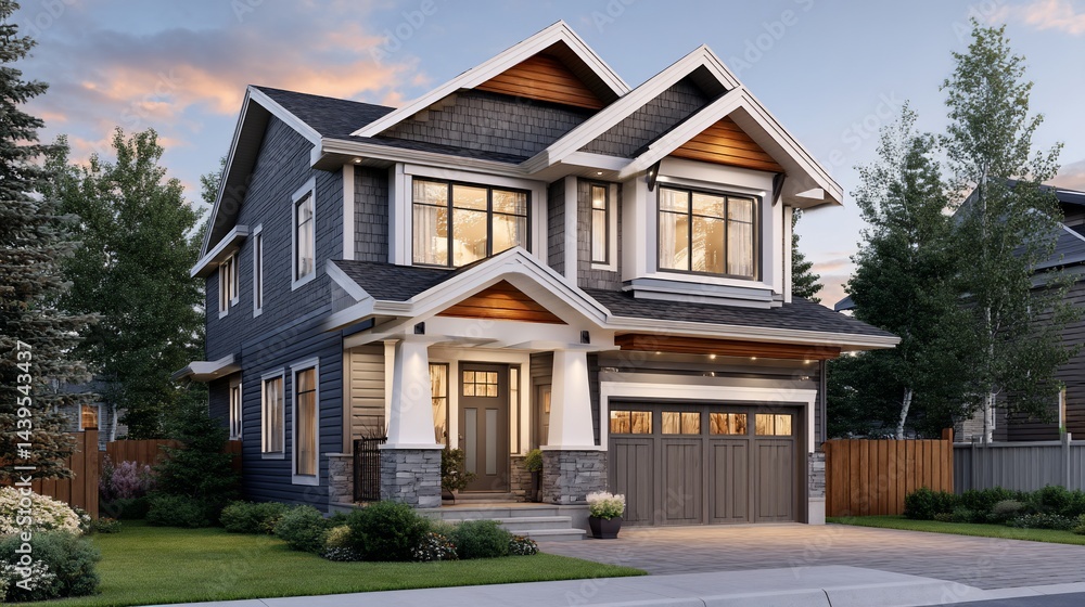 Modern two-story home exterior at twilight with landscaping and a driveway. Potential use for architectural design or real estate marketing Modern two-story home exterior at twilight with landscaping and a driveway. Potential use for architectural design or real estate marketing