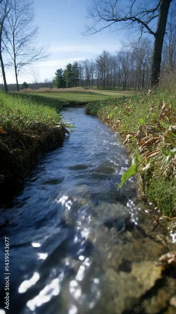 Scenic flowing stream in a rural landscape with trees and green grassy banks on a sunny spring day, nature and outdoors Scenic flowing stream in a rural landscape with trees and green grassy banks on a sunny spring day, nature and outdoors