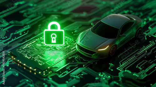 Vehicle Data Privacy and Cyber Protection Depicted on Futuristic Motherboard with Glowing Green Automotive Chip

