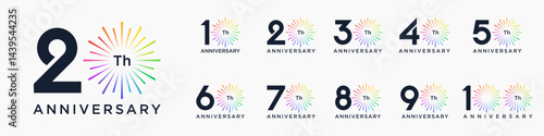 set of 10 to 100th anniversary logotype design, with colorful fireworks for celebration event, wedding, and birthday, vector illustration