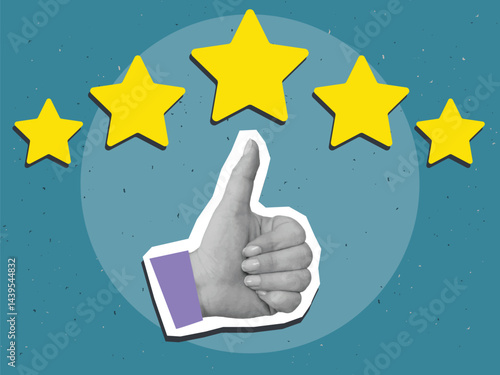 Hand with thumbs up gesture and five yellow stars - concept of excellent rating. Vector illustration