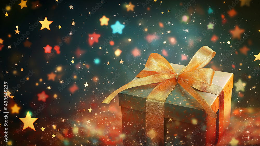 Decorative gift box with festive background and stars Decorative gift box with festive background and stars