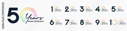 set of 10 to 100th anniversary logotype design, with colorful fireworks for celebration event, wedding, and birthday, vector illustration