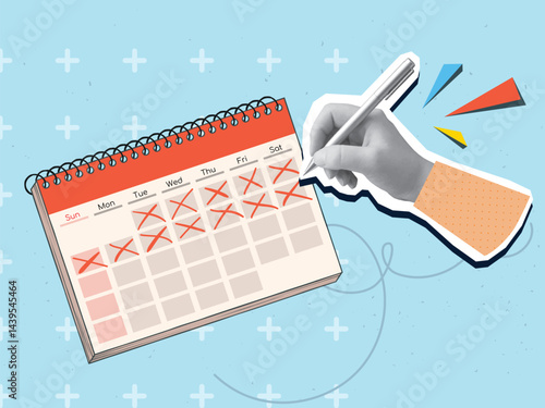 A black and white hand puts a checkmark in a calendar. Modern photo collage style. Vector illustration