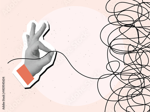 A hand pulls a thread from a tangled ball. Concept of problem solving and eliminating uncertainty. Modern photo collage style. Vector illustration