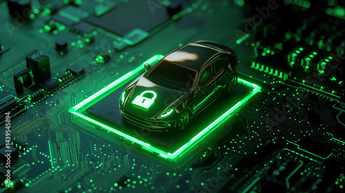 Conceptual Illustration of Car Cybersecurity Protection on Futuristic Digital Circuit Board with Glowing Green Light

