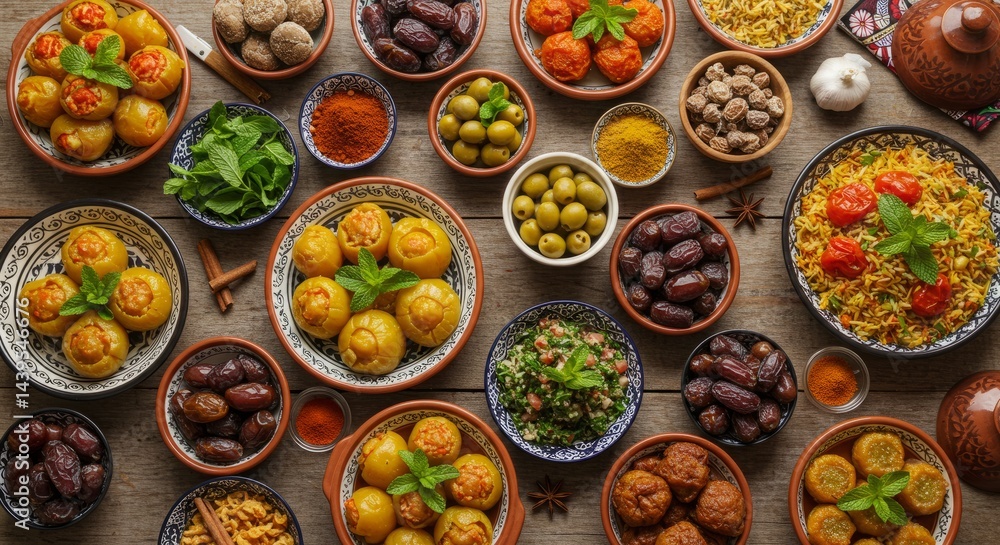 Middle Eastern cuisine featuring stuffed vegetables, dates, and rice dishes Middle Eastern cuisine featuring stuffed vegetables, dates, and rice dishes