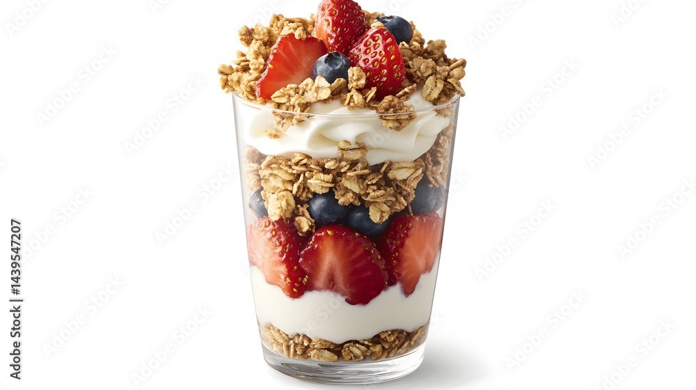 Glass of yogurt parfait with granola, strawberries, and blueberries.
Glass of yogurt parfait with granola, strawberries, and blueberries.