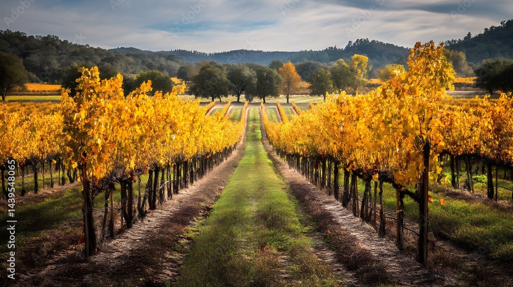 Naklejka premium Autumn Vineyard Landscape Golden Yellow Leaves Rows of Vines Sunlight
