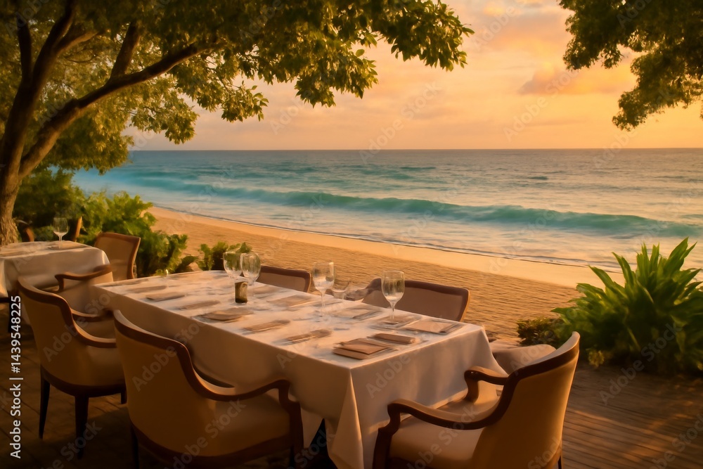 custom made wallpaper toronto digitalA luxurious beachfront restaurant with wooden tables and comfortable chairs, adorned with white tablecloths and fine dining setups.