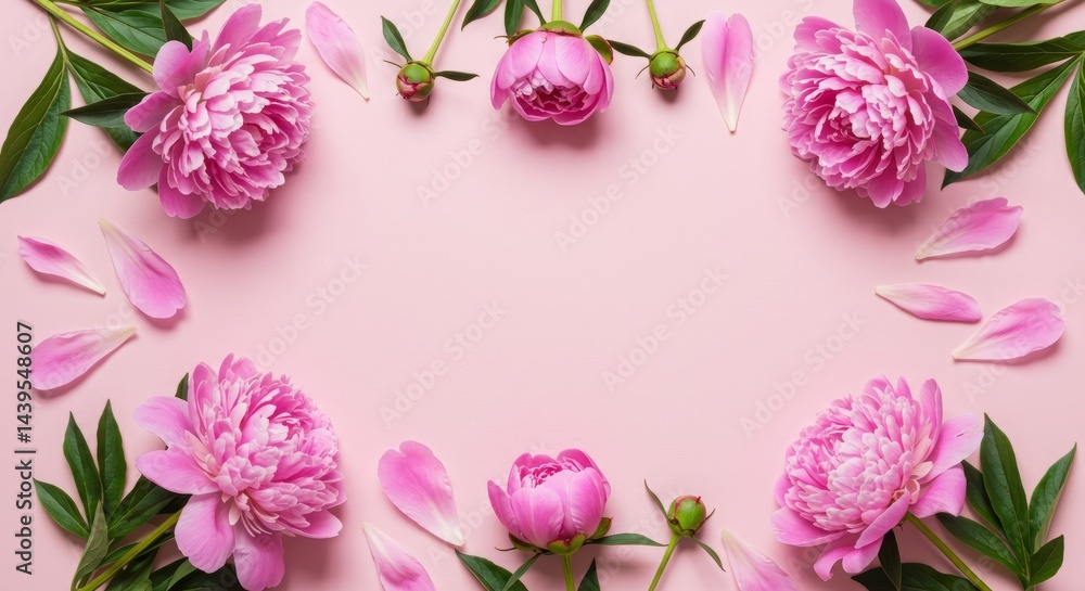 Pink peonies floral flat lay arrangement for feminine designs and backgrounds Pink peonies floral flat lay arrangement for feminine designs and backgrounds