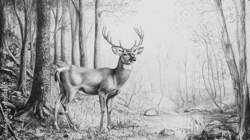 A pencil drawing of a deer in a forest