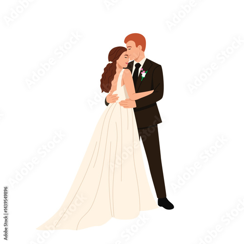 Vector illustration of happy bride and groom in love. Cartoon scene of married couple hugging isolated on white background. Bride in white dress, lush hair, groom in dark suit with boutonniere.