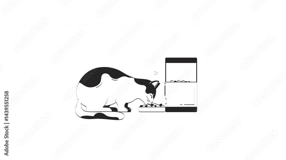 Cat lovingly eating from automatic feeder outline 2D character doodle ...