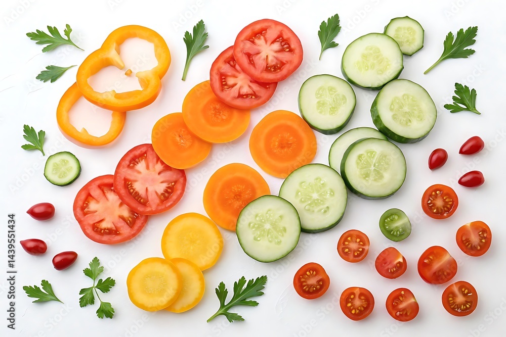 Healthy Flat Lay of Sliced Vegetables Composition on Wooden Surface. Healthy Flat Lay of Sliced Vegetables Composition on Wooden Surface.