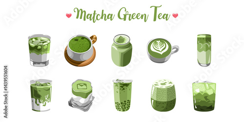 Matcha green tea vector set collection graphic design featuring matcha tea illustrations for healthy lifestyle, beverages, and food-related designs