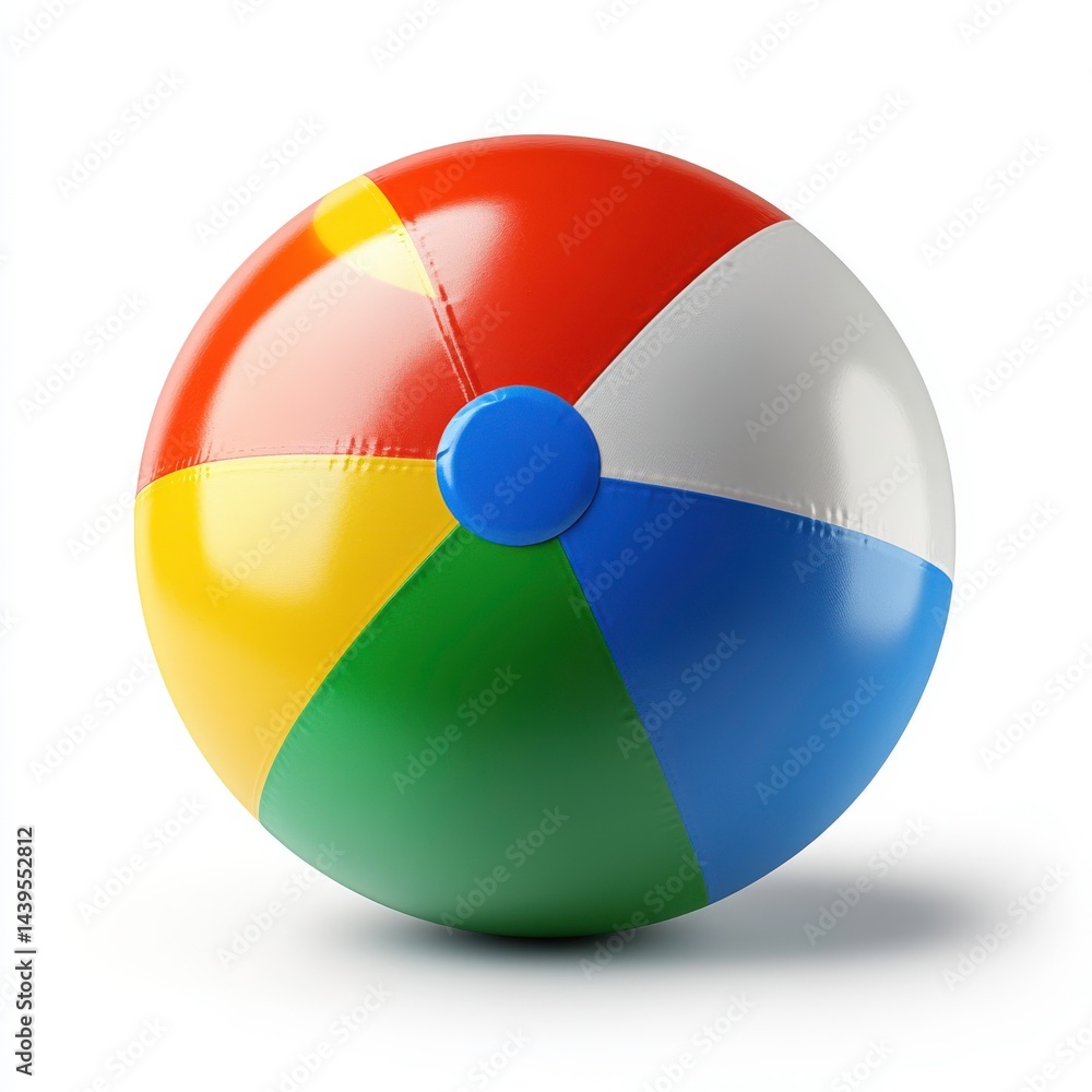 Vibrant beach ball resting on a white surface, perfect for summer fun and outdoor activities at the beach or park Vibrant beach ball resting on a white surface, perfect for summer fun and outdoor activities at the beach or park