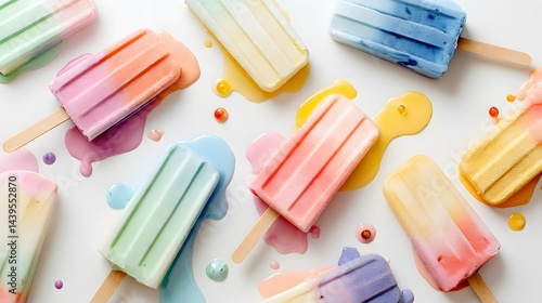 Colorful melting ice pops on white, summery and fun.