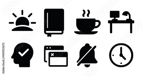 Morning routine flat icons set – solid style daily rituals, productivity, and focus symbols: sunrise, book, coffee cup, desk, check, browser, silent mode, clock.