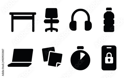 Office essentials solid icons set - filled style work, productivity, and desk items for business use: desk, chair, headphones, water bottle, laptop, papers, timer, id card.