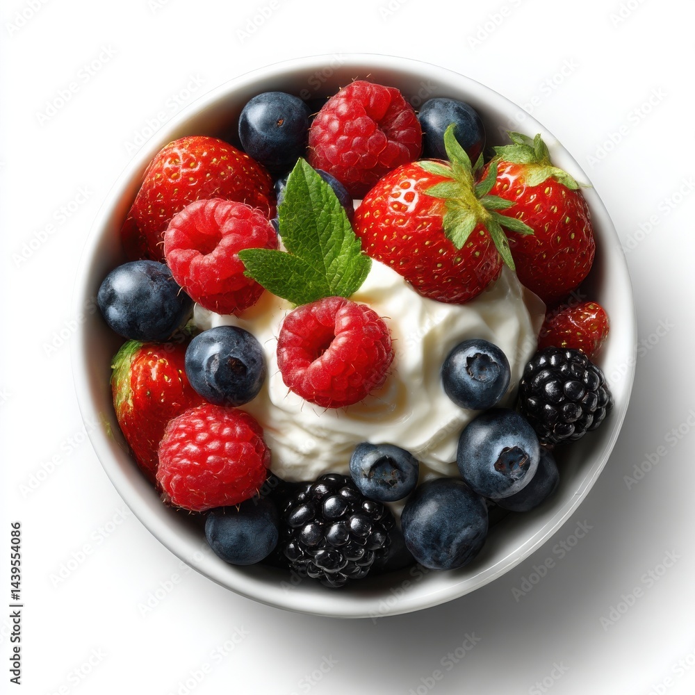 Close up bowl of mixed berries and cream on isoleted white background Close up bowl of mixed berries and cream on isoleted white background