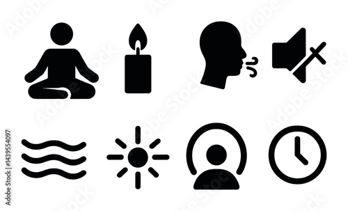 Mindfulness and relaxation solid icon set – silhouette style wellness, meditation, and tranquility symbols for peaceful living: meditation pose, candle, silence, calm, sun, profile, clock.