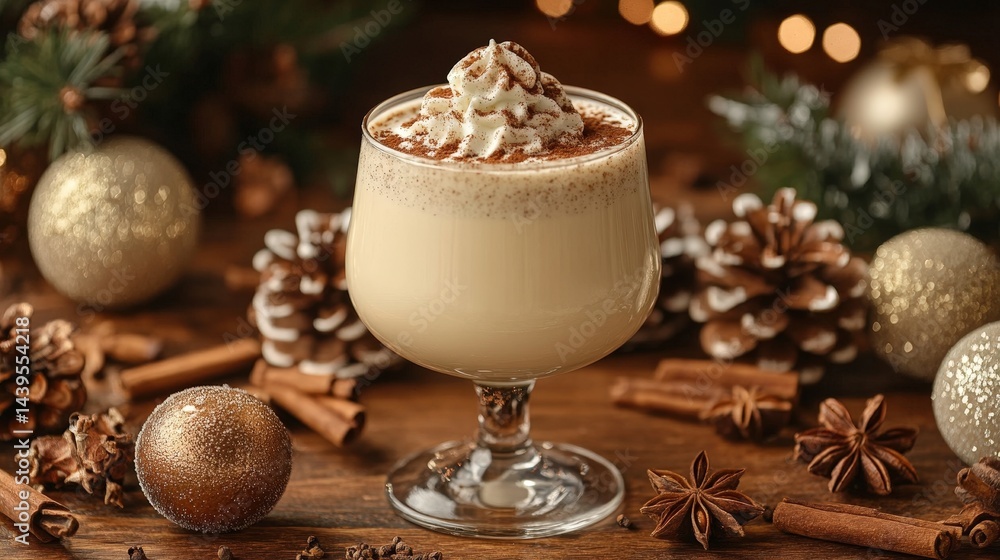 Festive eggnog drink in a stemmed glass. Festive eggnog drink in a stemmed glass.