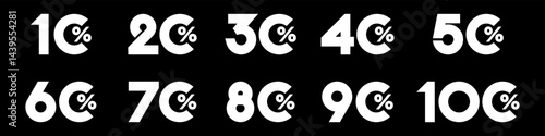 set of collection of discount numbers white color, Sale icons or tags with 10, 20, 30, 40, 50, 60, 70, 80, 90 percent discount. Vector illustration.