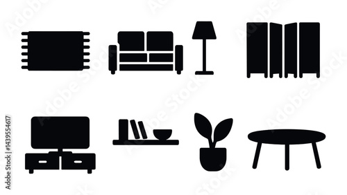 Home decor solid icons set – silhouette style furniture, interior design, and home goods symbols: sofa, lamp, shelving, plant, table, divider, rug, tv stand.