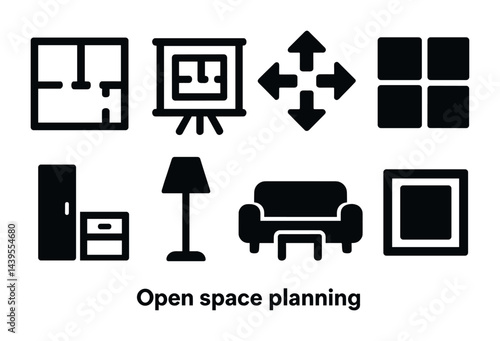 Open space planning icon set – solid style interior design and furniture symbols for office layouts: floor plan, drawing board, direction arrows, grid, door, lamp, sofa, picture frame.
