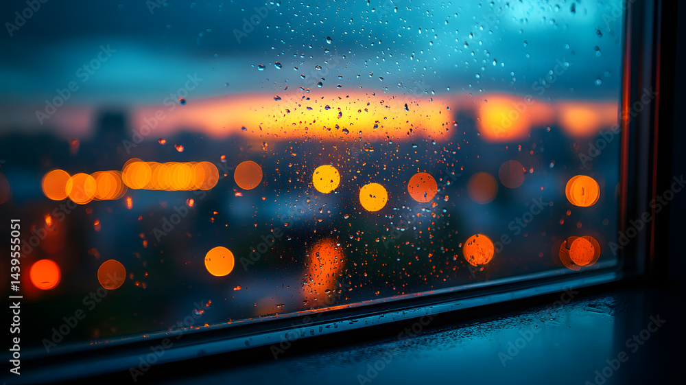 Sunset through rainy window with city lights
Sunset through rainy window with city lights