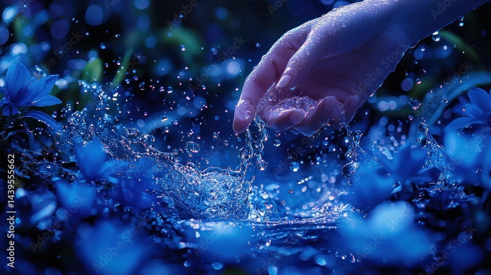 Fototapeta premium Hand touches water, flowers & light, splash effect