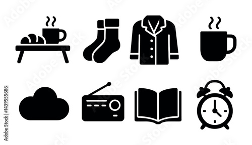 Morning routine solid icons set – filled style daily essentials, relaxation, and comfort symbols: breakfast, socks, pajamas, coffee mug, cloud, radio, book, alarm clock.