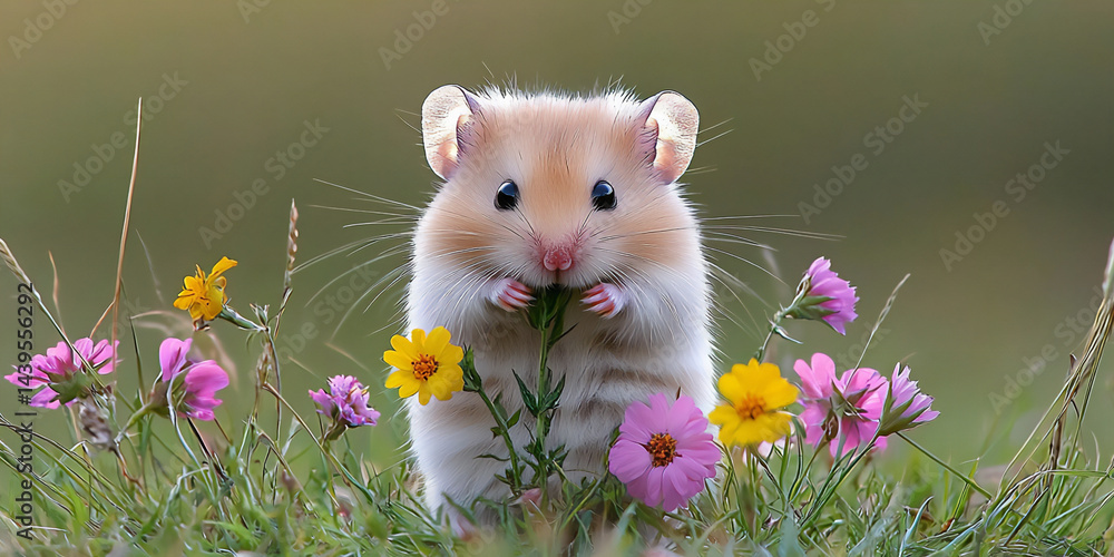 Fototapeta premium cute hamster exploring a field of tall grass with colorful flowers, adventurous spirit, meadow