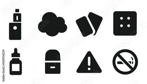 Vaping and e-cigarette solid icon set – silhouette style for health, smoking, and harm reduction symbols: vape pen, cloud, e-liquid bottle, warning sign, no smoking