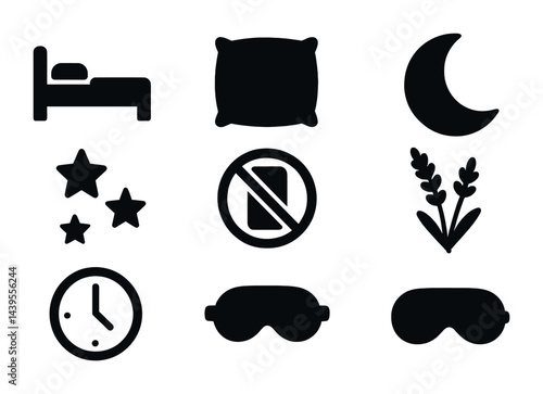 Sleep and relaxation silhouette icon set - solid style rest, bedtime, and night symbols for peaceful sleep: bed, pillow, moon, stars, no noise, lavender, clock, sleep mask.