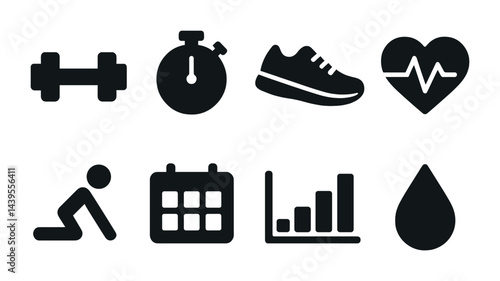 Fitness and exercise icons set – solid style workout, health, and training symbols for wellness: dumbbell, stopwatch, sneaker, pulse, push-up, calendar, chart, water drop.