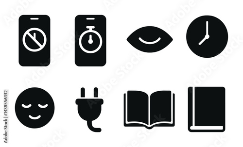 Time management and productivity solid icons set – filled style work efficiency, focus, and schedule symbols: stopwatch, clock, eye, sleep, smartphone, book, plug.