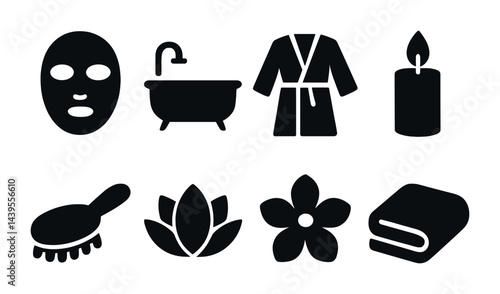 Spa and wellness solid icons set – relaxation and self-care symbols for health and beauty: face mask, bathtub, robe, candle, brush, lotus flower, blossom, towel.