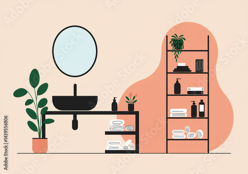 Minimalist flat illustration of a bathroom with a sink, mirror and shelf with skin care bottles, towels, soap and a potted plant. Bathroom decor, cosmetics. Self-care concept. AI generated