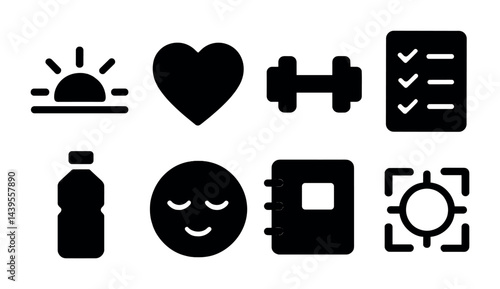 Wellness and fitness solid icon set – silhouette style health, exercise, and self-care symbols for lifestyle improvement: sunrise, heart, dumbbell, checklist, water bottle, meditation, planner, focus