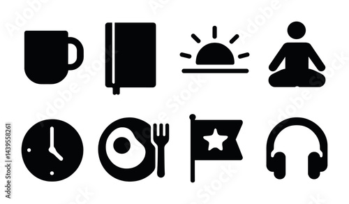 Morning routine silhouette icons set – solid style lifestyle, productivity, coffee essentials: mug, journal, sunrise, meditation, clock, breakfast, flag, headphones