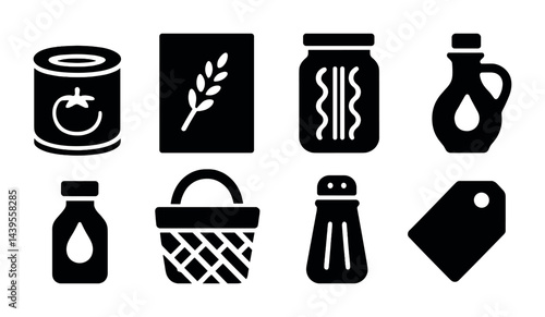 Culinary and kitchen solid icons set – filled cooking, shopping, and food preparation symbols for home chefs: can, recipe book, jar, oil bottle, basket, salt shaker, label