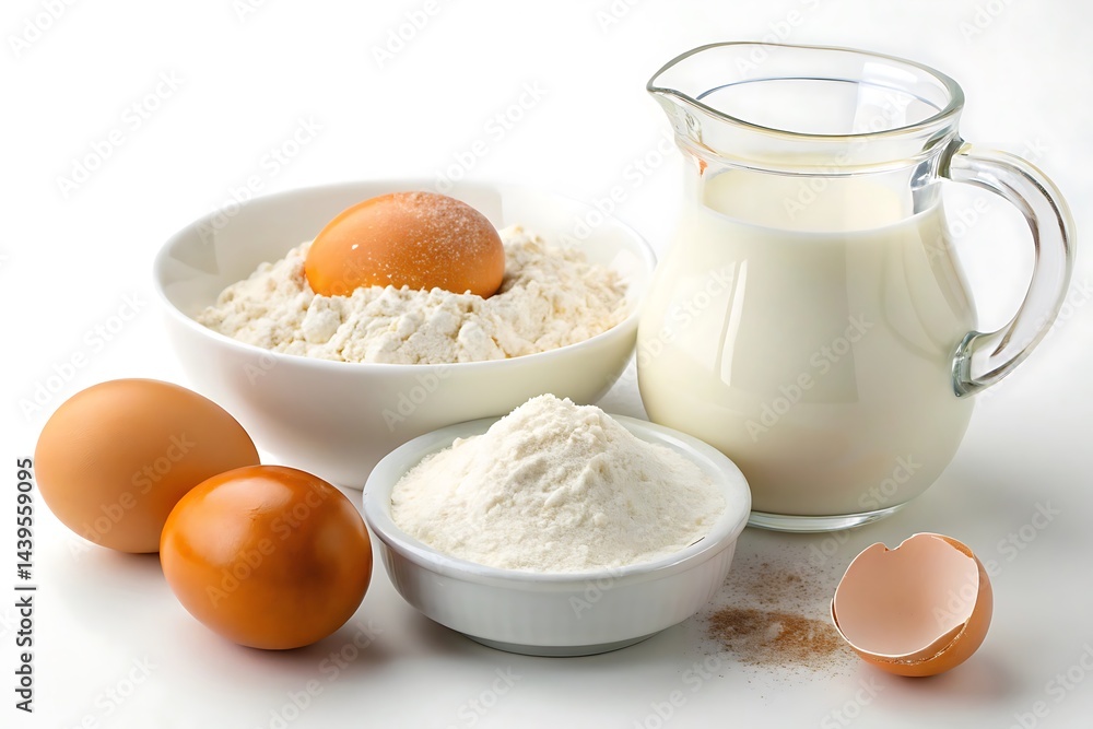 Eggs Flour and Milk Isolated on White Background for Baking and Cooking. Eggs Flour and Milk Isolated on White Background for Baking and Cooking.
