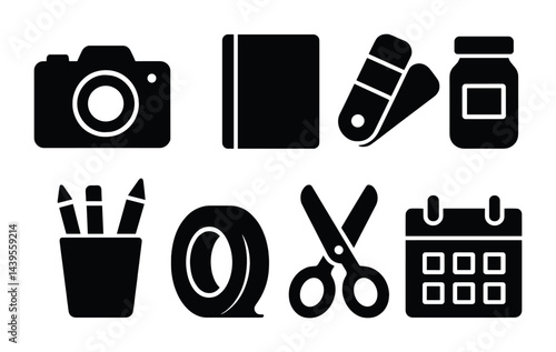 Creative arts and crafts solid icon set – flat style design, diy, and hobby symbols for artistic projects: camera, notebook, color swatches, jar, pencils, tape, scissors, calendar.