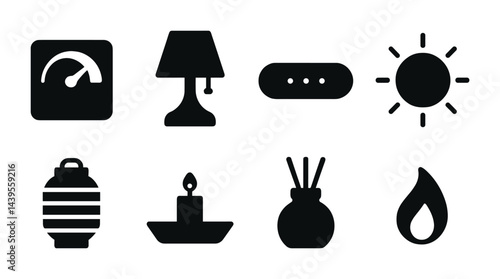 Home automation filled icons set – solid style smart home, iot, and energy symbols for modern living: thermostat, lamp, remote, sunlight, lantern, candle, diffuser, droplet.