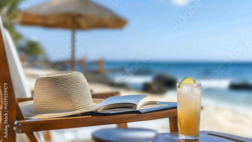 Fototapeta Naklejka Na Ścianę i Meble -  A closeup of a beach chair with a summer hat book and cold drink resting on it deep blue ocean waves in the background