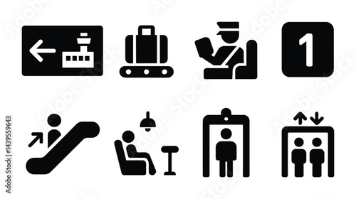 Airport and travel solid icons set – flat style for flight, security, and transit needs: terminal sign, luggage, passenger, gate, escalator, lounge, security check